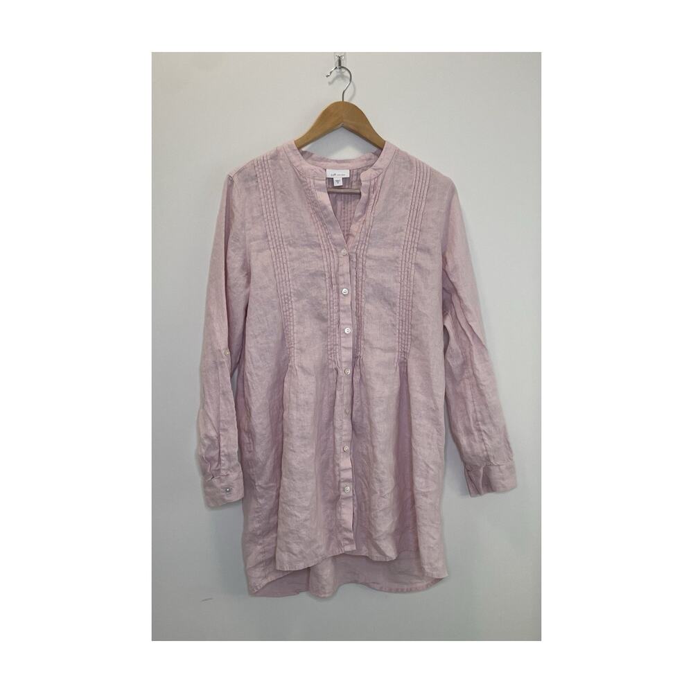 J Jill Love Linen Dress Tunic Dress Button Up Pintuck Beachy Blush Pink Womens M